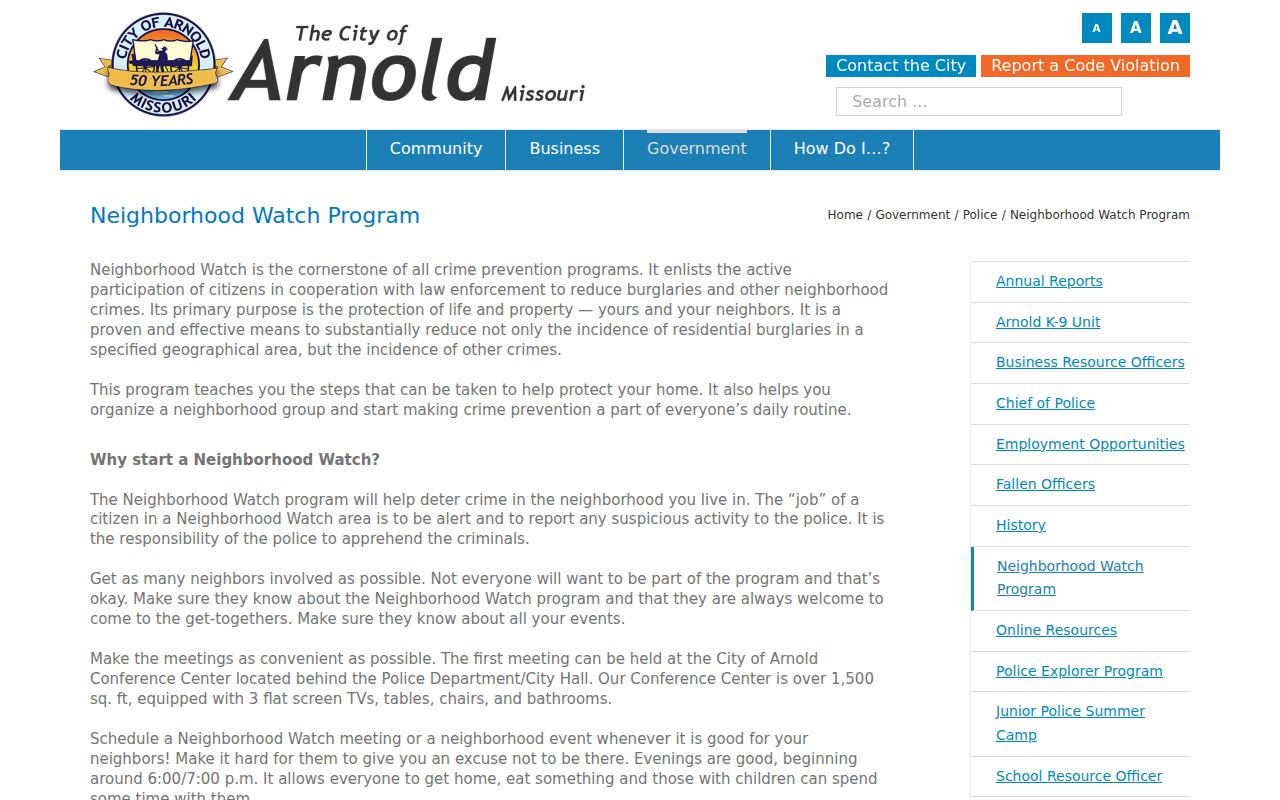 Jefferson County neighbors Arnold Neighborhood Watch program information
