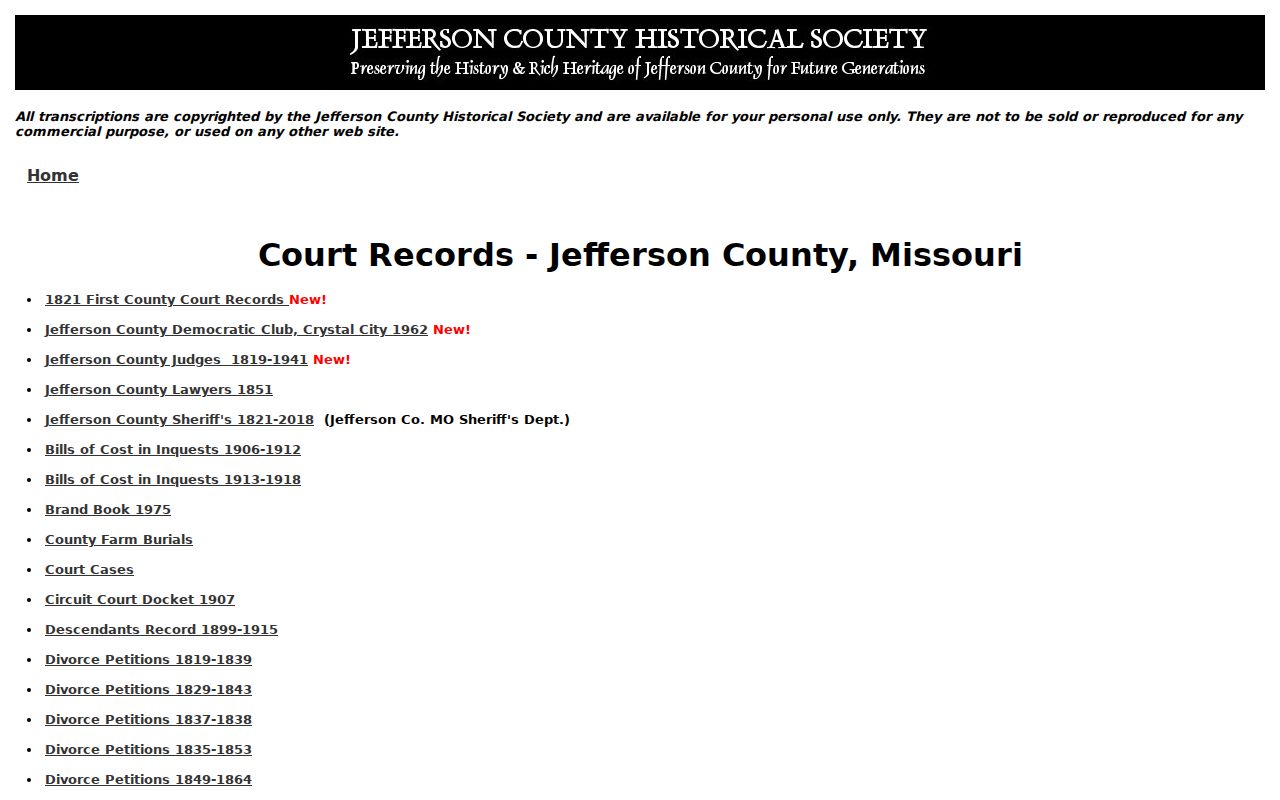Jefferson County previous residents research through Historical Society court records