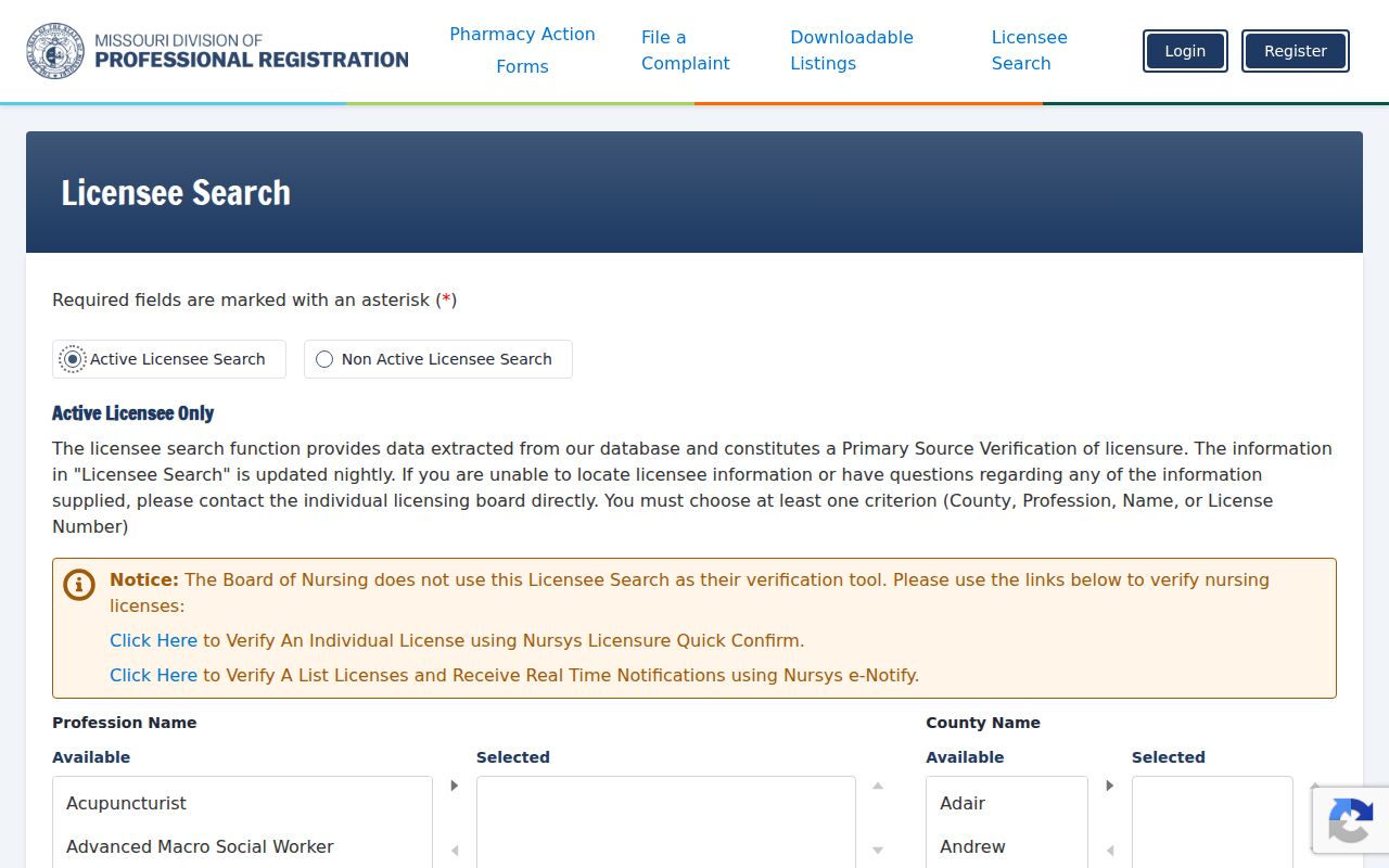 Jefferson County resident lookup with Missouri professional license search